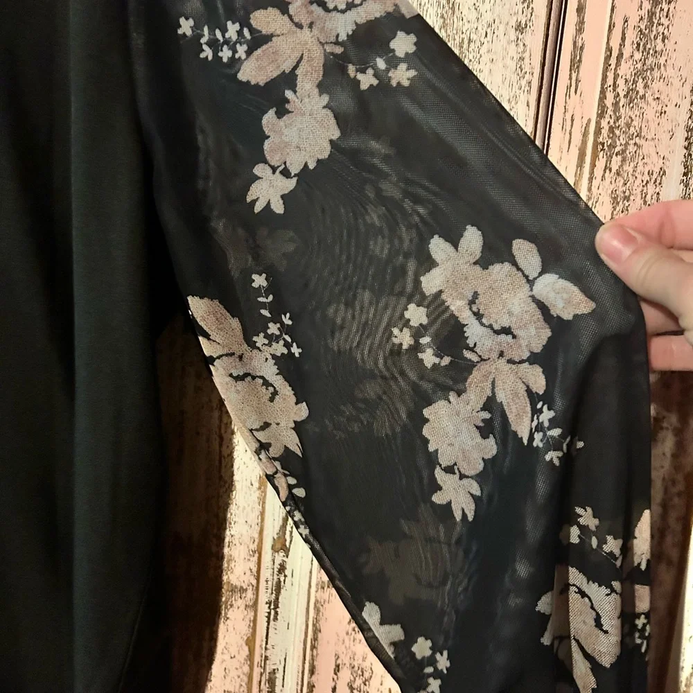 Women’s Black Blouse with Floral Sheer Sleeves
